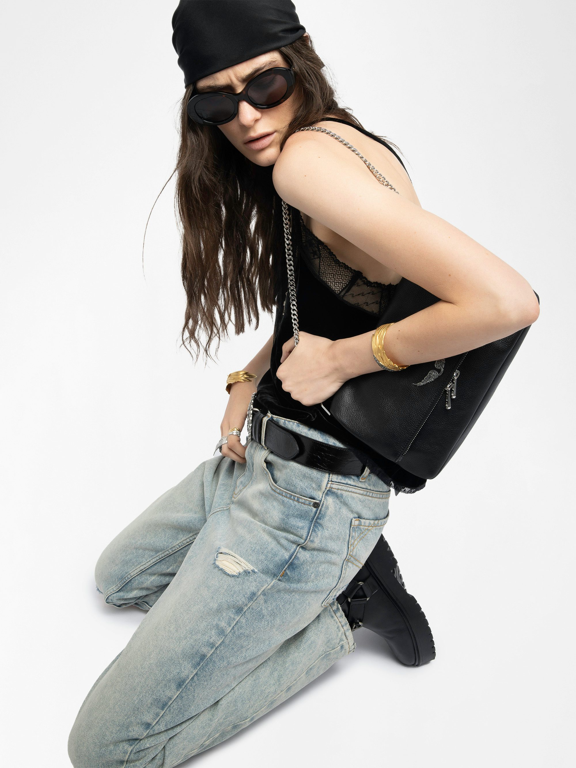 Rocky II Bag - Grained leather shoulder bag with chain and signature wings.